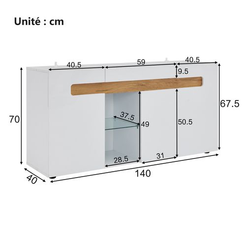 Buffet Rangement 3 Placards Avec LED Application, Design Moderne, Facile à Entretenir, Blanc