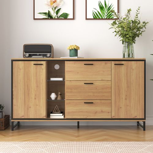 Buffet Salon 3 Tiroirs Et 2 Portes, Grain De Bois, LED, 160x40x85 Cm, Noir Et Naturel