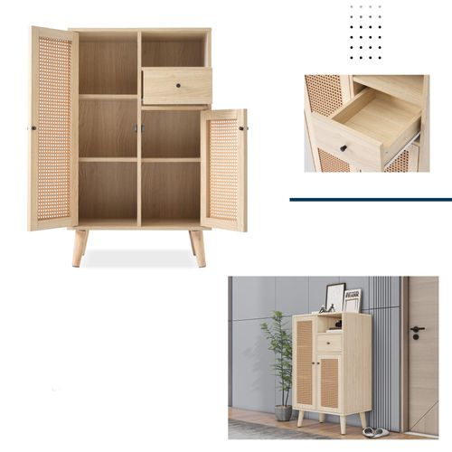 Buffet Salon 2 Portes Rotin 1 Tiroir Espace Ouvert Meuble Haut Mdf Naturel