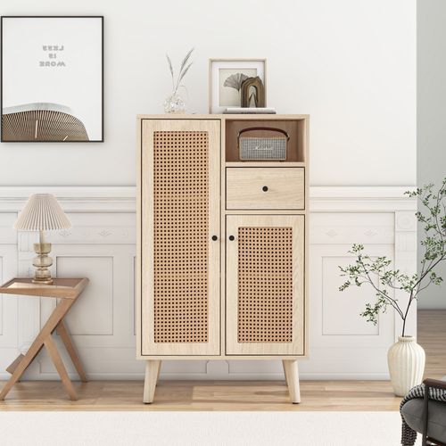 Buffet Salon 2 Portes Rotin 1 Tiroir Espace Ouvert Meuble Haut Mdf Naturel