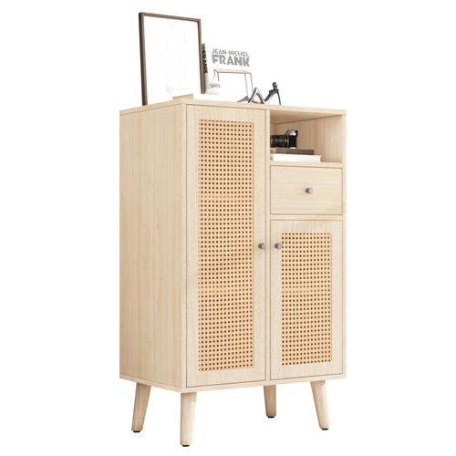 Buffet Salon 2 Portes Rotin 1 Tiroir Espace Ouvert Meuble Haut Mdf Naturel