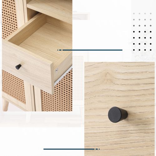 Buffet Salon 2 Portes Rotin 1 Tiroir Espace Ouvert Meuble Haut Mdf Naturel