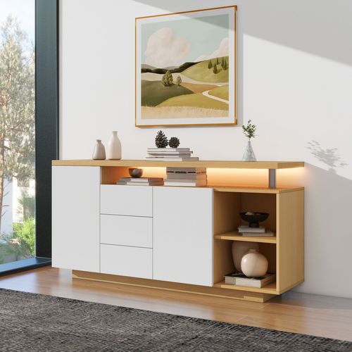 Buffet Moderne 2 Portes 3 Tiroirs Éclairage LED Panneau De Particules Blanc Naturel