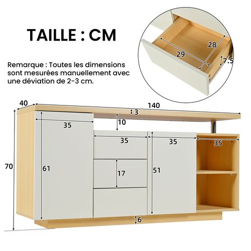 Buffet Moderne 2 Portes 3 Tiroirs Éclairage LED Panneau De Particules Blanc Naturel