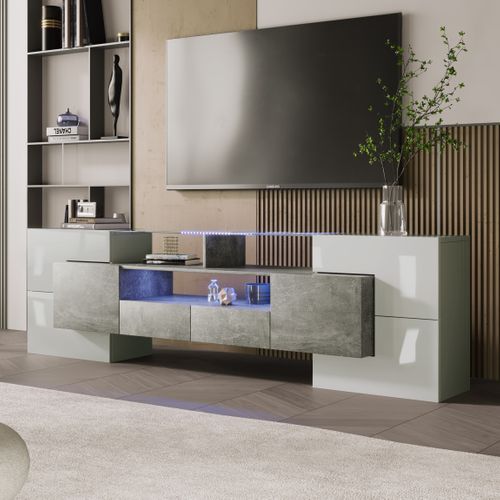 Meuble TV 200 Cm Avec LED Et Plateau En Verre - Design Moderne - Structure Mdf - Gris Et Blanc