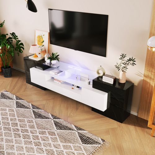 Meuble TV 200 Cm Avec LED Et Plateau En Verre, Design Moderne, Mdf, Noir Et Blanc Brillant