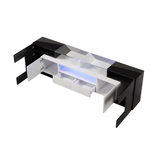 Meuble TV 200 Cm Avec LED Et Plateau En Verre, Design Moderne, Mdf, Noir Et Blanc Brillant