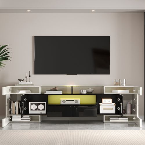 Meuble TV 200 Cm Avec LED Et Plateau En Verre, Design Moderne, Mdf, Blanc Et Noir