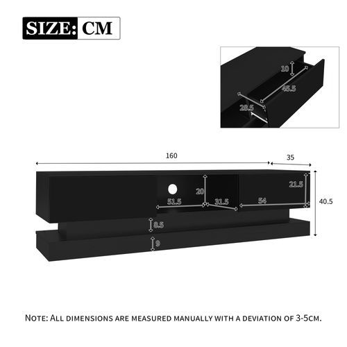Meuble TV LED Avec 2 Tiroirs, Panneaux Brillants, Panneau De Particules, Noir