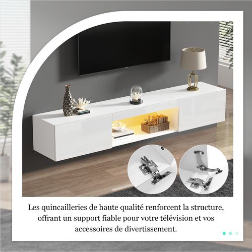 Meuble TV LED Avec Commande Bluetooth App, Façade Haut Brillant, Panneau De Particules, Blanc