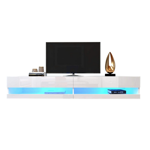 Meuble TV LED Suspendu Avec Rangement, Effet Marbre, Mdf, Blanc