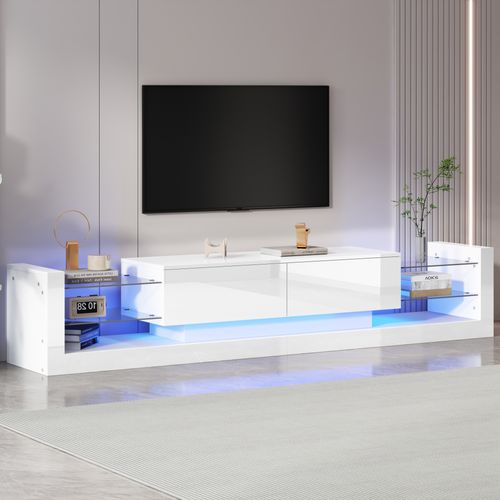 Meuble TV Blanc Brillant Avec LED, 2 Tiroirs Rabattables, Façade En Verre, Panneau De Particules