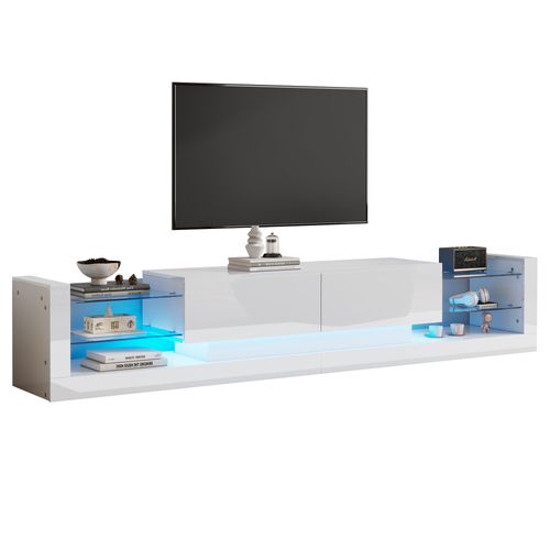 Meuble TV Blanc Brillant Avec LED, 2 Tiroirs Rabattables, Façade En Verre, Panneau De Particules