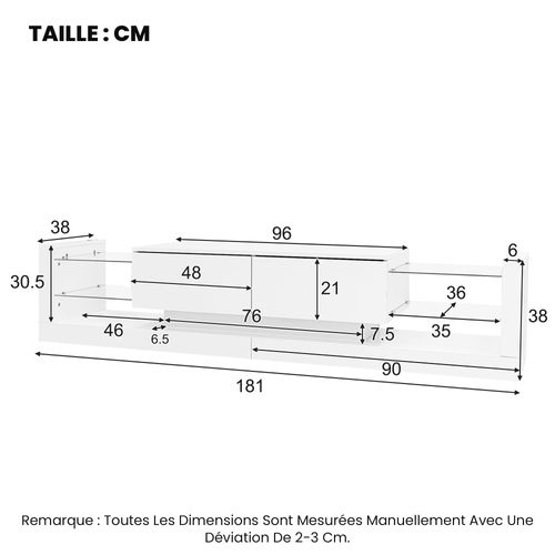 Meuble TV Blanc Brillant Avec LED, 2 Tiroirs Rabattables, Façade En Verre, Panneau De Particules