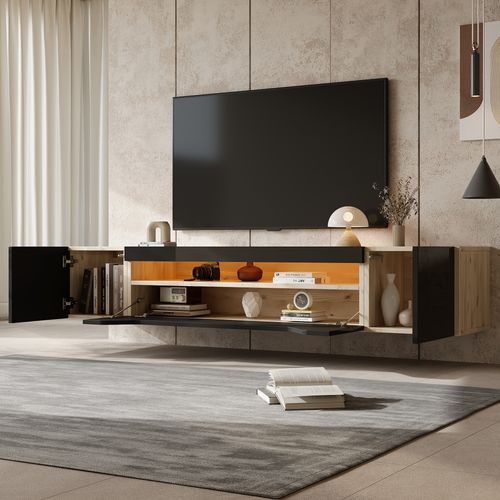 Meuble TV Mural 2 Portes 1 Abattante, LED Via App, Panneau Particules, 180x37x36 Cm, Noir