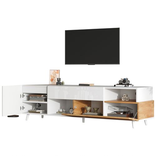 Meuble TV Avec 1 Tiroir, 2 Étagères Ouvertes Et Armoires, Compatible TV 65–75 Pouces, Blanc