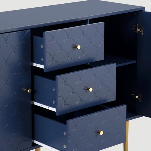 Commode Rangement 3 Tiroirs 2 Portes Salon Chambre Bois Massif Aggloméré Bleu Marine