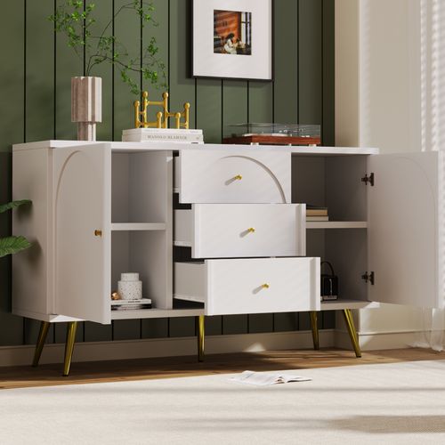 Commode 3 Tiroirs 2 Portes Rangement Chambre Salon Métal Bois Blanc