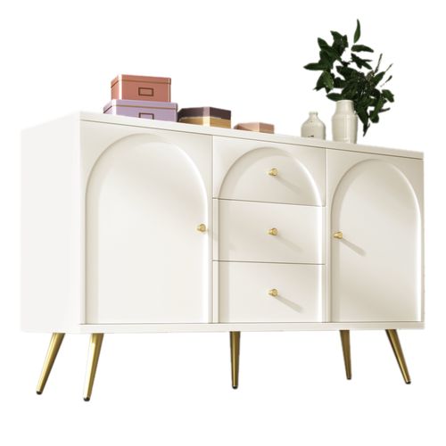 Commode 3 Tiroirs 2 Portes Rangement Chambre Salon Métal Bois Blanc