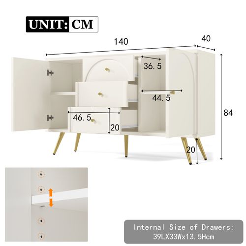 Commode 3 Tiroirs 2 Portes Rangement Chambre Salon Métal Bois Blanc