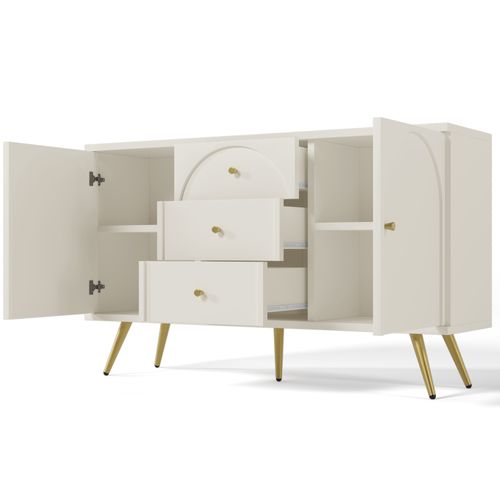 Commode 3 Tiroirs 2 Portes Rangement Chambre Salon Métal Bois Blanc