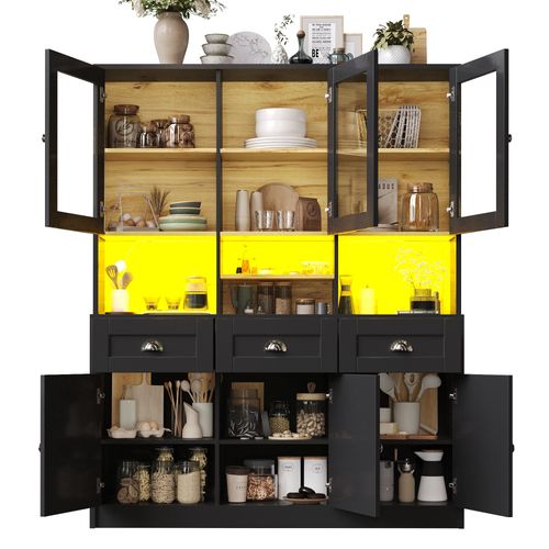 Buffet Haut LED Vitrine De Cuisine Avec Étagères Réglables Et Meuble De Rangement, Mdf, Noir