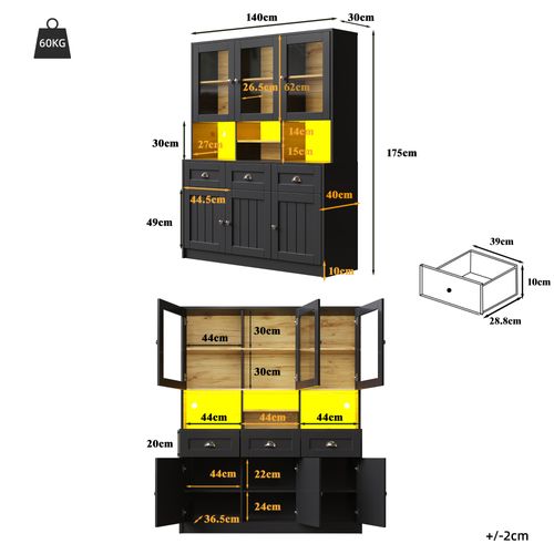 Buffet Haut LED Vitrine De Cuisine Avec Étagères Réglables Et Meuble De Rangement, Mdf, Noir