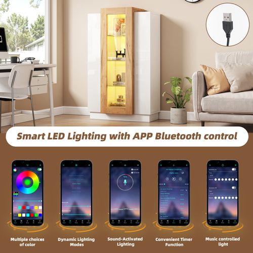 Vitrine LED Avec Contrôle App, 3 Portes Transparentes, Étagères En Verre Et Tiroir, Blanc