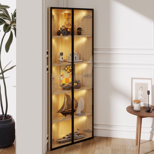 Vitrine Mdf Avec 1 Porte, Éclairage LED, Verre Trempé Et Charnières Silencieuses, Blanc