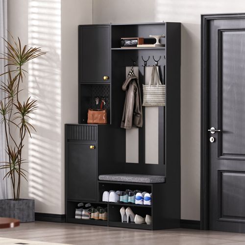 Meuble D'entrée Vestiaire Avec Banc, 4 Crochets Et Portes, Armoire Mdf, Noir