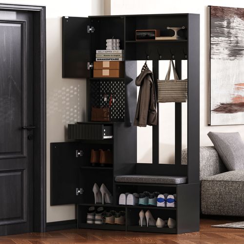 Meuble D'entrée Vestiaire Avec Banc, 4 Crochets Et Portes, Armoire Mdf, Noir