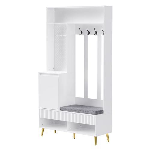 Meuble D'entrée Vestiaire Avec Banc à Chaussures, Tiroirs Et 4 Crochets, Mdf, Blanc