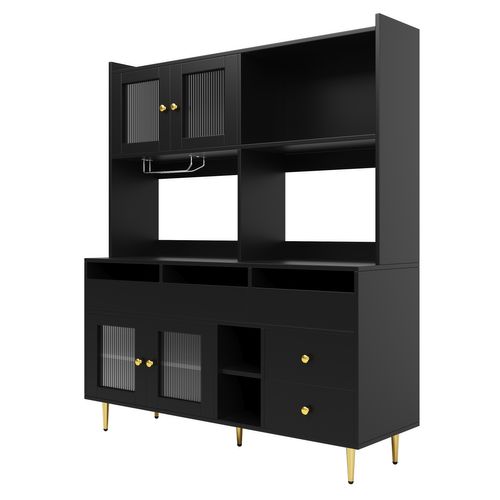 Vaisselier Design - Buffet Haut Avec Portes Vitrées Et Rangement Salle à Manger, Mdf Métal, Noir