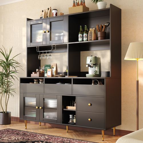 Vaisselier Design - Buffet Haut Avec Portes Vitrées Et Rangement Salle à Manger, Mdf Métal, Noir