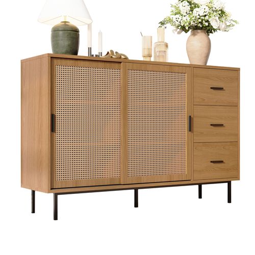 Buffet Bahut 2 Portes Coulissantes Étagères Ajustables Rangement Salle à Manger Naturel