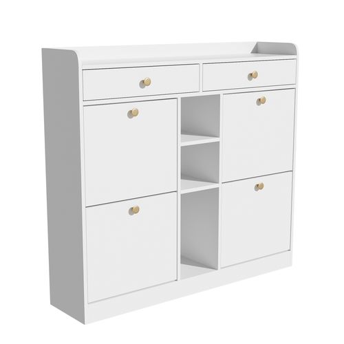 Meuble à Chaussures Avec 4 Portes, 2 Tiroirs Et 3 Compartiments Ouverts, Entrée, Blanc