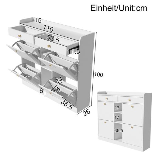 Meuble à Chaussures Avec 4 Portes, 2 Tiroirs Et 3 Compartiments Ouverts, Entrée, Blanc