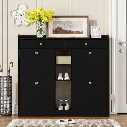 Meuble à Chaussures Avec 4 Portes, 2 Tiroirs Et 3 Compartiments, Pour Couloir Et Entrée, Noir