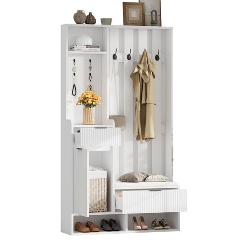 Meuble D’entrée 6-en-1 Avec 8 Crochets, Banc Coussin Pu Et 2 Tiroirs, Blanc