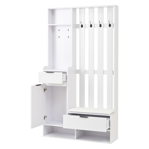 Meuble D’entrée 6-en-1 Avec 8 Crochets, Banc Coussin Pu Et 2 Tiroirs, Blanc