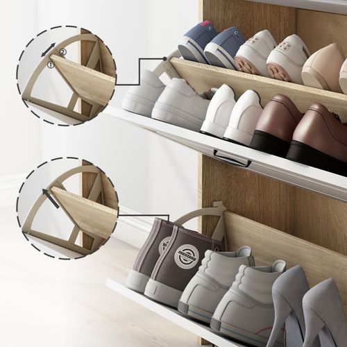 Meuble à Chaussures Avec 3 Compartiments Et 2 Tiroirs, Design Pivotant, Mdf, Blanc Naturel
