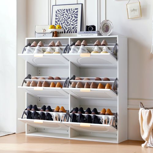 Meuble à Chaussures Moderne Avec 6 Compartiments, Étagères Ouvertes Et Poignées Dorées, Mdf, Blanc