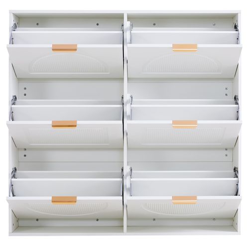 Meuble à Chaussures Moderne Avec 6 Compartiments, Étagères Ouvertes Et Poignées Dorées, Mdf, Blanc