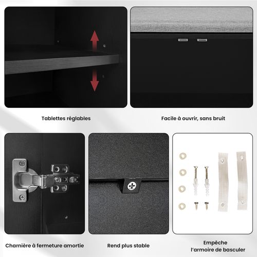 Meuble à Chaussures Banc 3 Portes Avec Assise, Pieds Bois Et Poignées Métal, Noyer