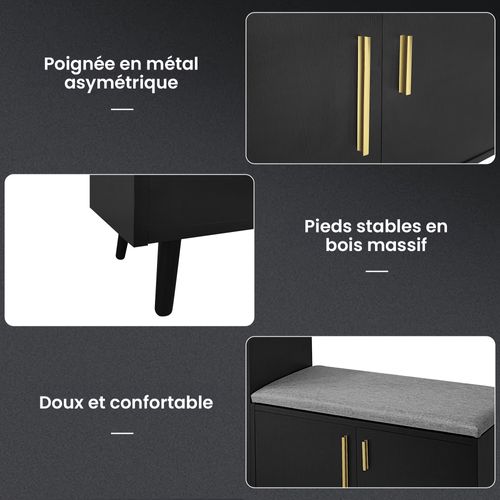 Meuble à Chaussures Banc 3 Portes Avec Assise, Pieds Bois Et Poignées Métal, Noyer