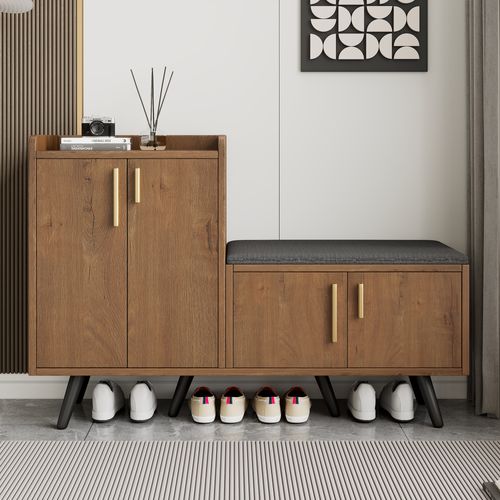 Meuble à Chaussures Banc 4 Portes Avec Assise, Panneau Particules Et Métal, Naturel