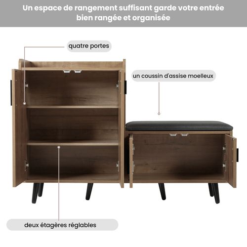 Meuble à Chaussures Banc 4 Portes Avec Assise, Panneau Particules Et Métal, Naturel