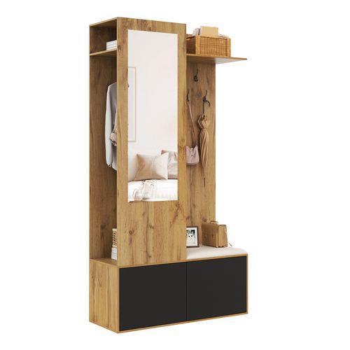 Meuble D'entrée Vestiaire Avec Portemanteau Et Miroir Intégré, Rangement Fonctionnel, Mdf, Naturel