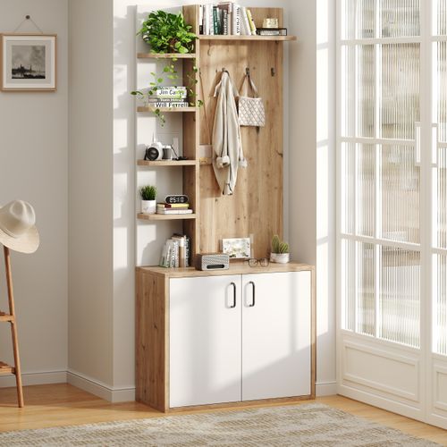 Vestiaire D'entrée Avec Placard Fermé Et 6 Étagères Ouvertes, Panneaux Particules - Naturel/blanc