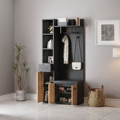 Meuble D'entrée Vestiaire Avec Banc De Rangement, LED Télécommandée Et 21 Compartiments, Noir